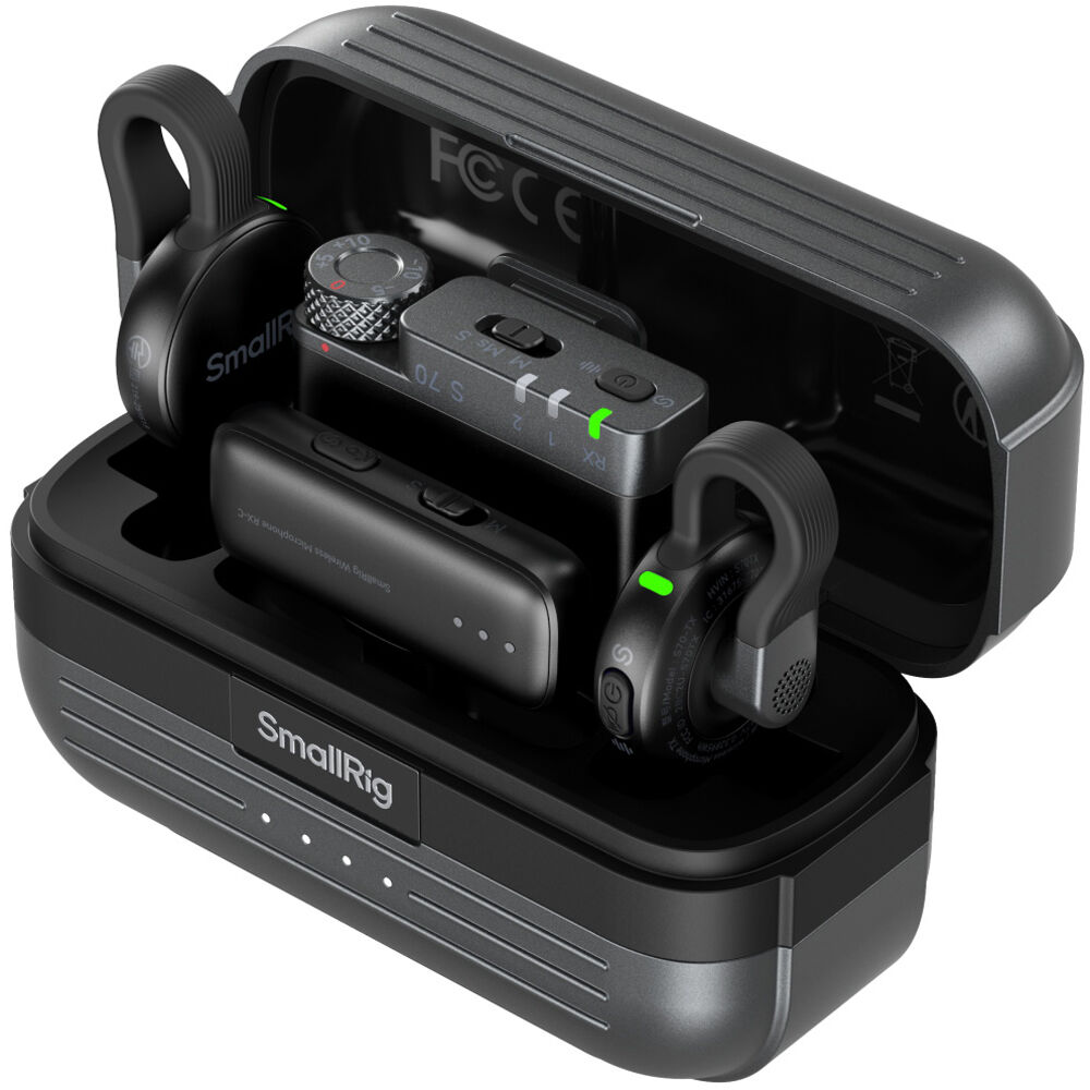 SmallRig S70 wireless microphone system with two transmitters, two receivers, and charging case for professional audio recording.