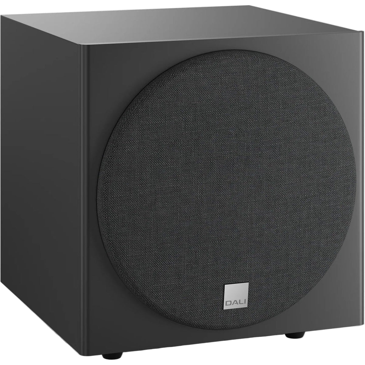 DALI Sub E-9 F subwoofer with sleek black enclosure and front-firing driver for deep bass in home audio systems.