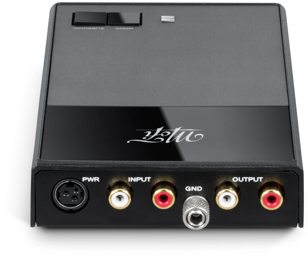 MoFi Electronics StudioPhono phono preamp with input and output connections, rear view showing controls and ports.