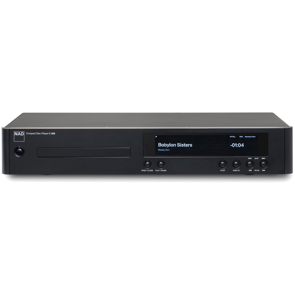 NAD C 589 CD player with front view showing sleek black design and control buttons on the front panel.