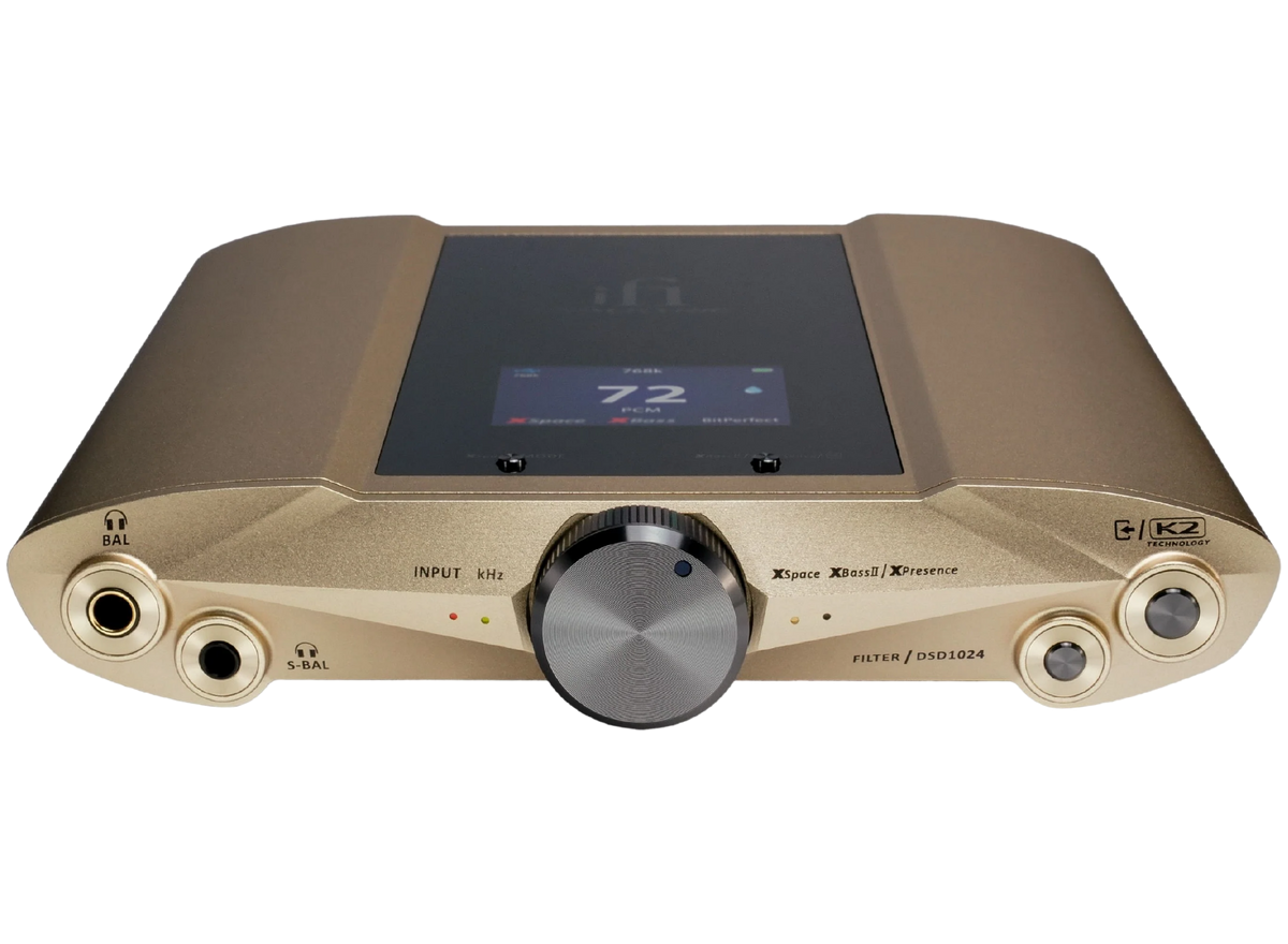 iFi Audio iDSD Valkyrie headphone amplifier and DAC showing front panel with controls and display screen