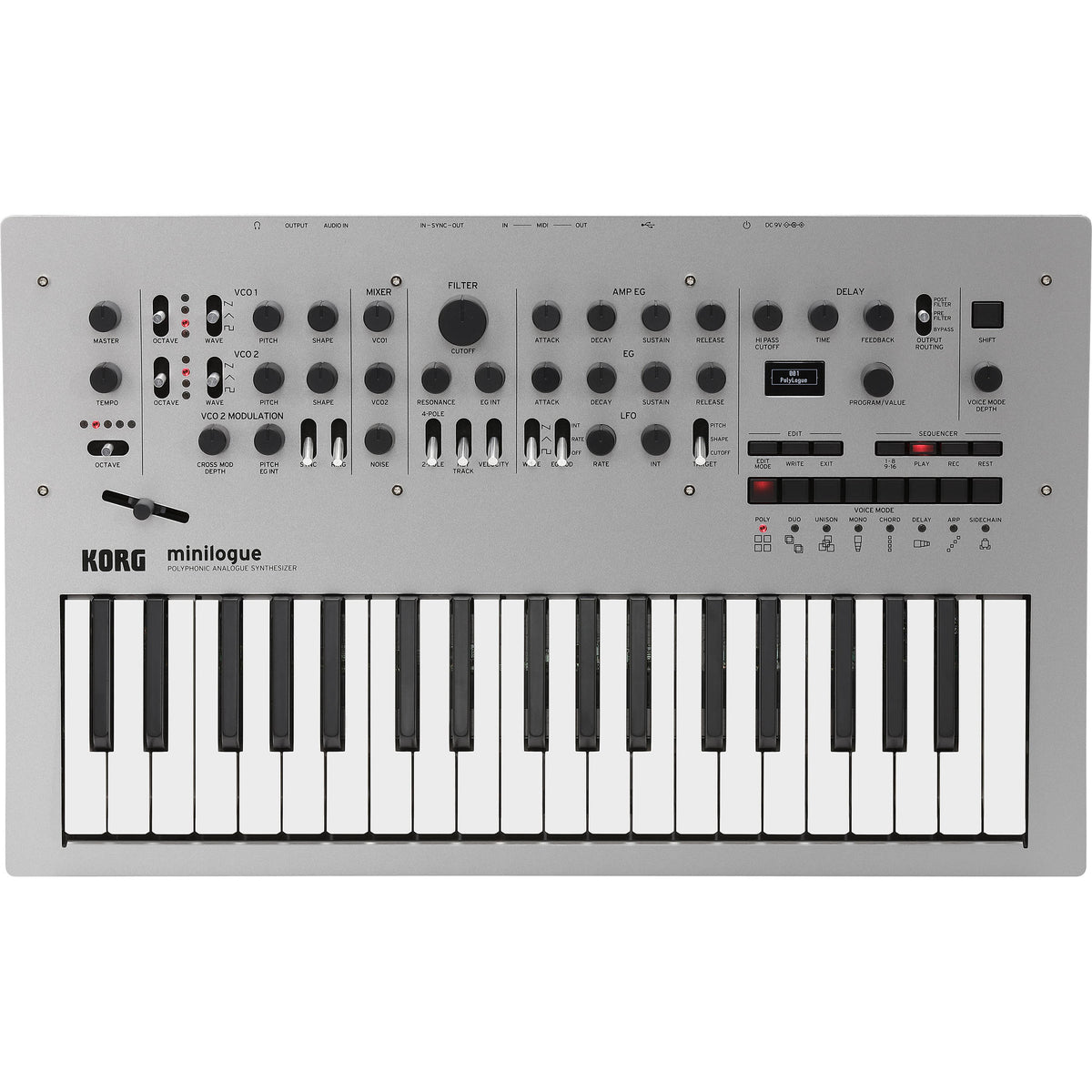 Korg Minilogue synthesizer with black controls and compact design, showing knobs and input/output jacks on the front panel.