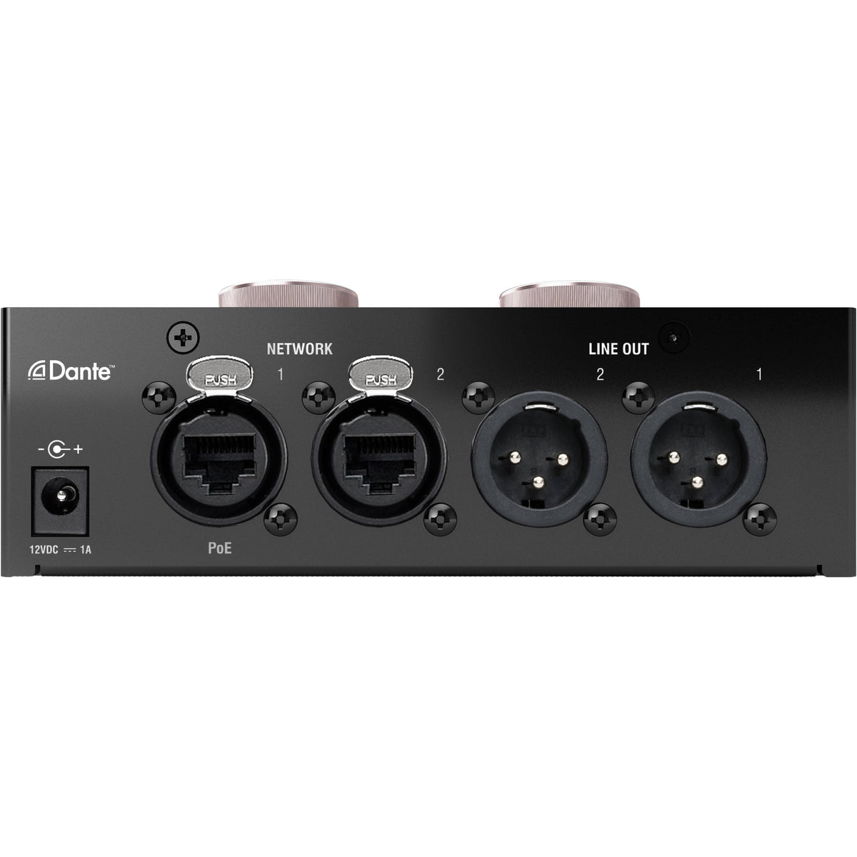 Focusrite RedNet AM2 studio monitor controller with multiple input ports and volume controls, designed for professional audio setup.
