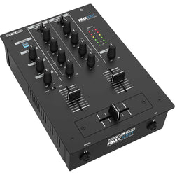 Reloop RMX-10 BT DJ mixer with multiple knobs and faders, professional audio equipment for DJing and mixing music.