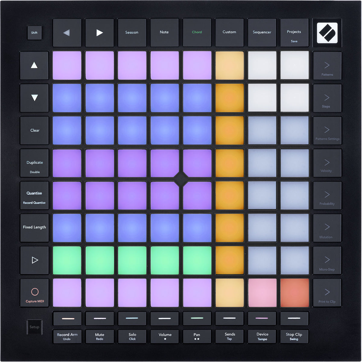 Novation Launchpad Pro MK3 MIDI controller with grid of colorful velocity-sensitive pads for music sequencing and production.