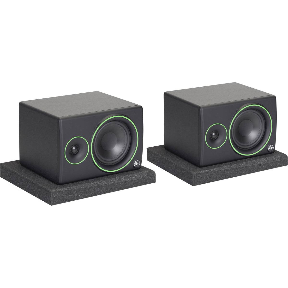 Gator Studio Monitor Isolation Pads on black studio monitor stands for improved sound isolation and stability.