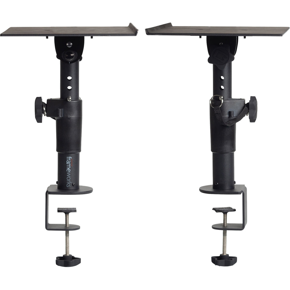 Gator Clamp-On Studio Monitor Stands with adjustable brackets and sturdy construction for professional audio setup.