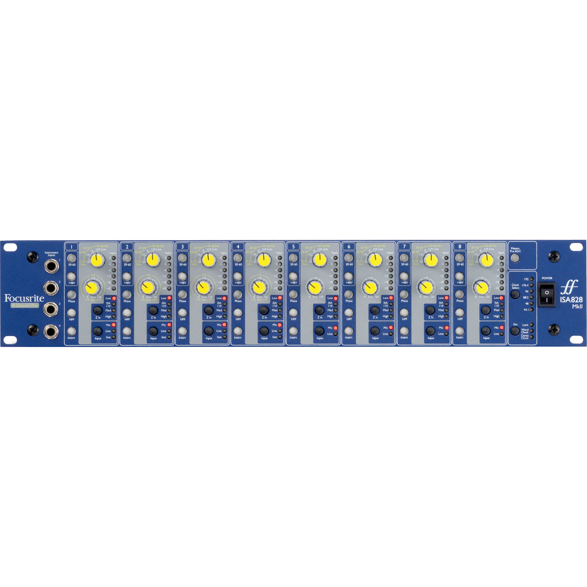 Focusrite ISA 828 MK2 microphone preamp with multiple input channels and professional audio equipment, front view.