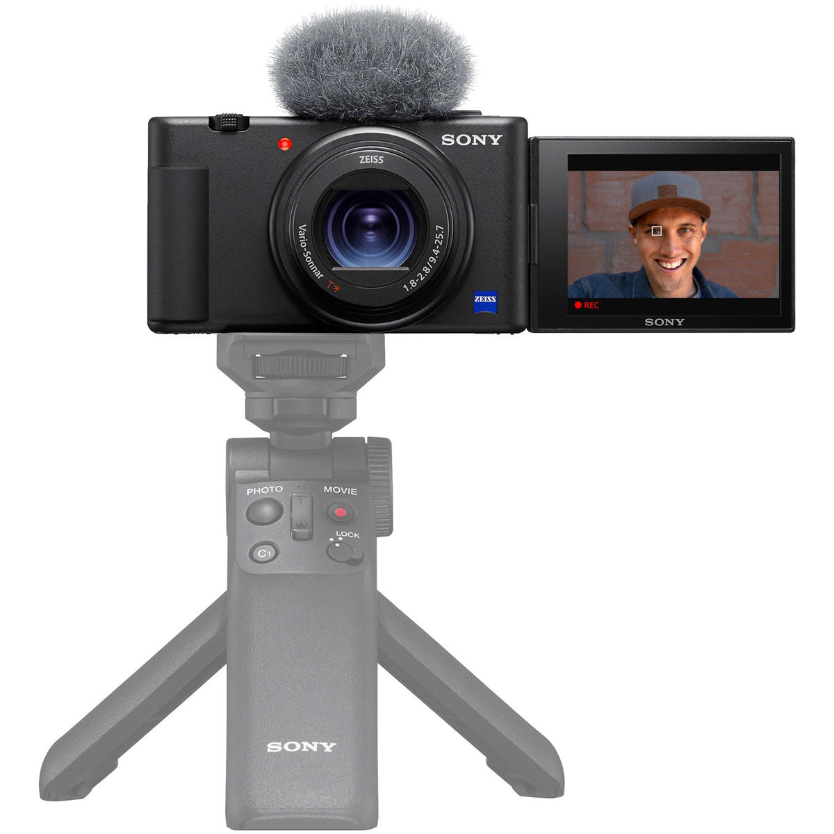 Sony ZV-1 video camera showing front view with lens and controls, ideal for vlogging and content creation.