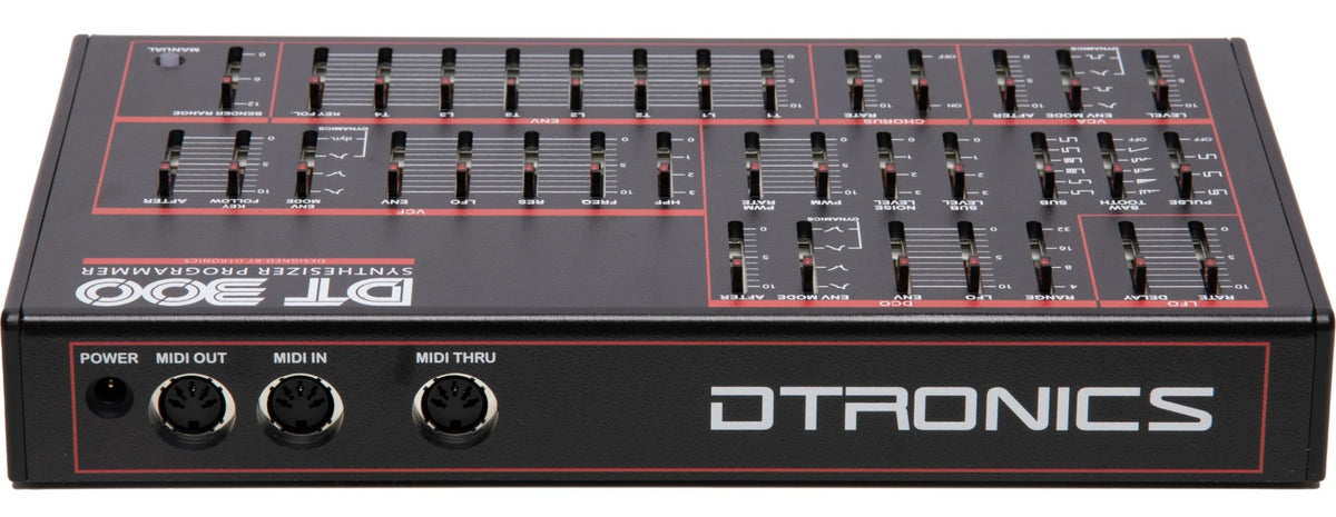 Dtronics DT-300 V2 synthesizer with knobs and keys, showcasing its compact electronic music instrument design.