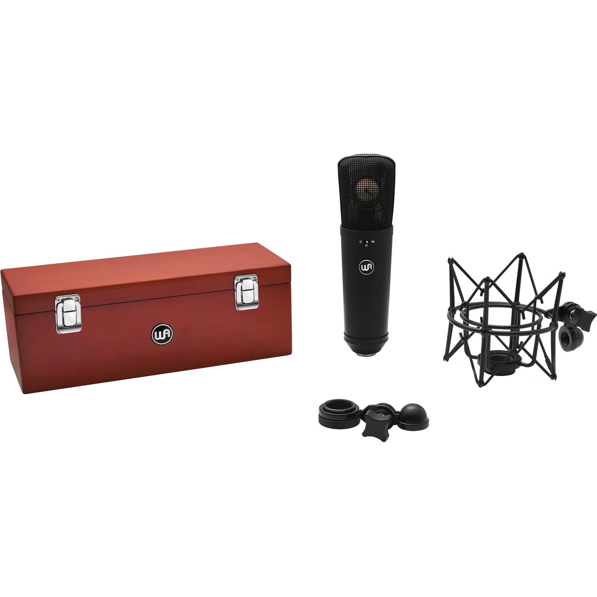 Warm Audio WA-87 R2 condenser microphone shown with its sleek black finish and vintage-inspired design for studio recording.
