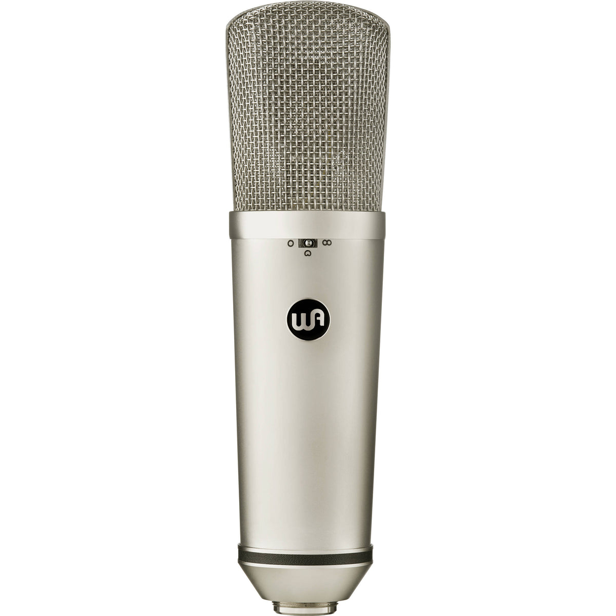 Warm Audio WA-87 R2 condenser microphone on a stand, showing its vintage-inspired design and large diaphragm for studio recording.