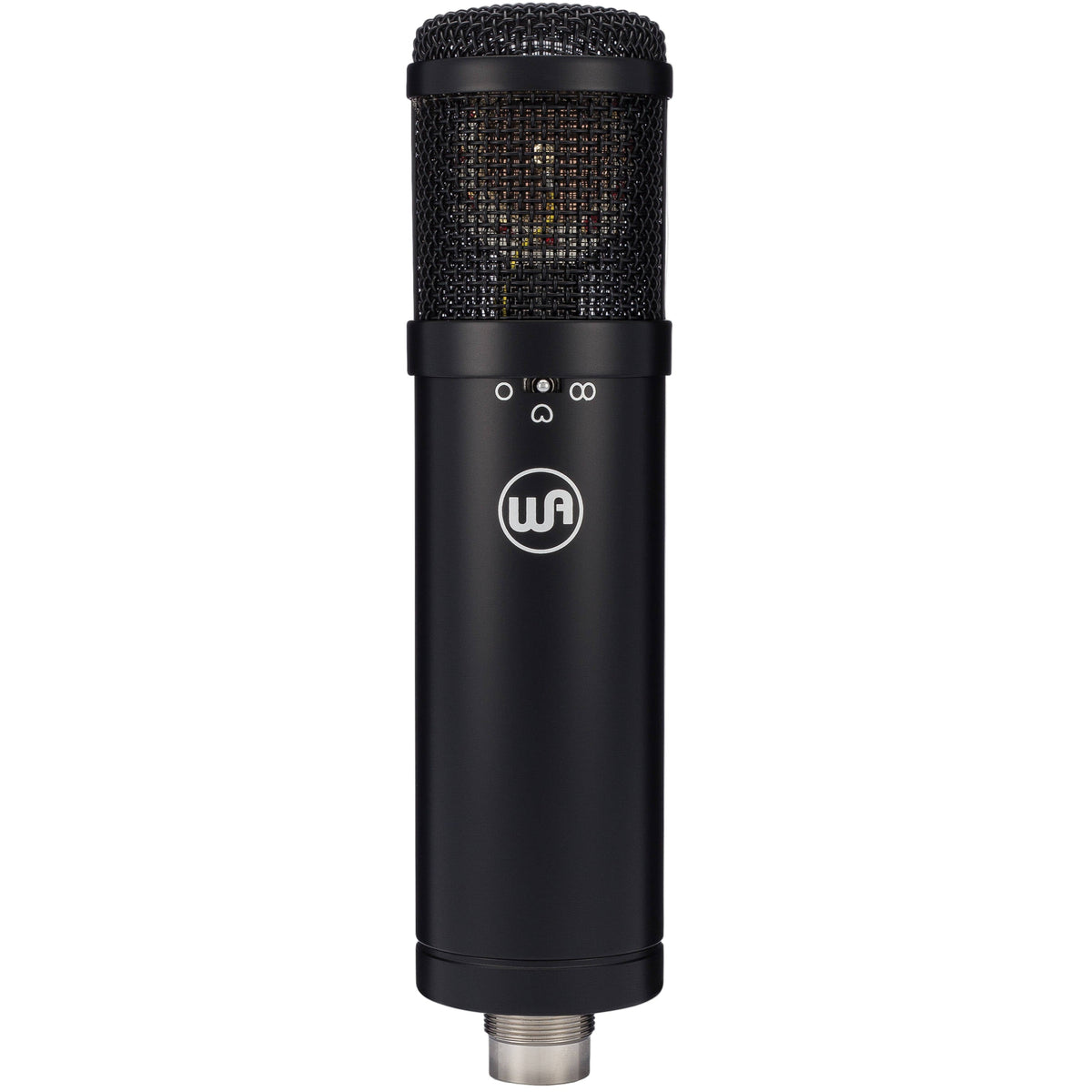 Warm Audio WA-47jr condenser microphone shown with its sleek black body and vintage-style grille for studio recording.