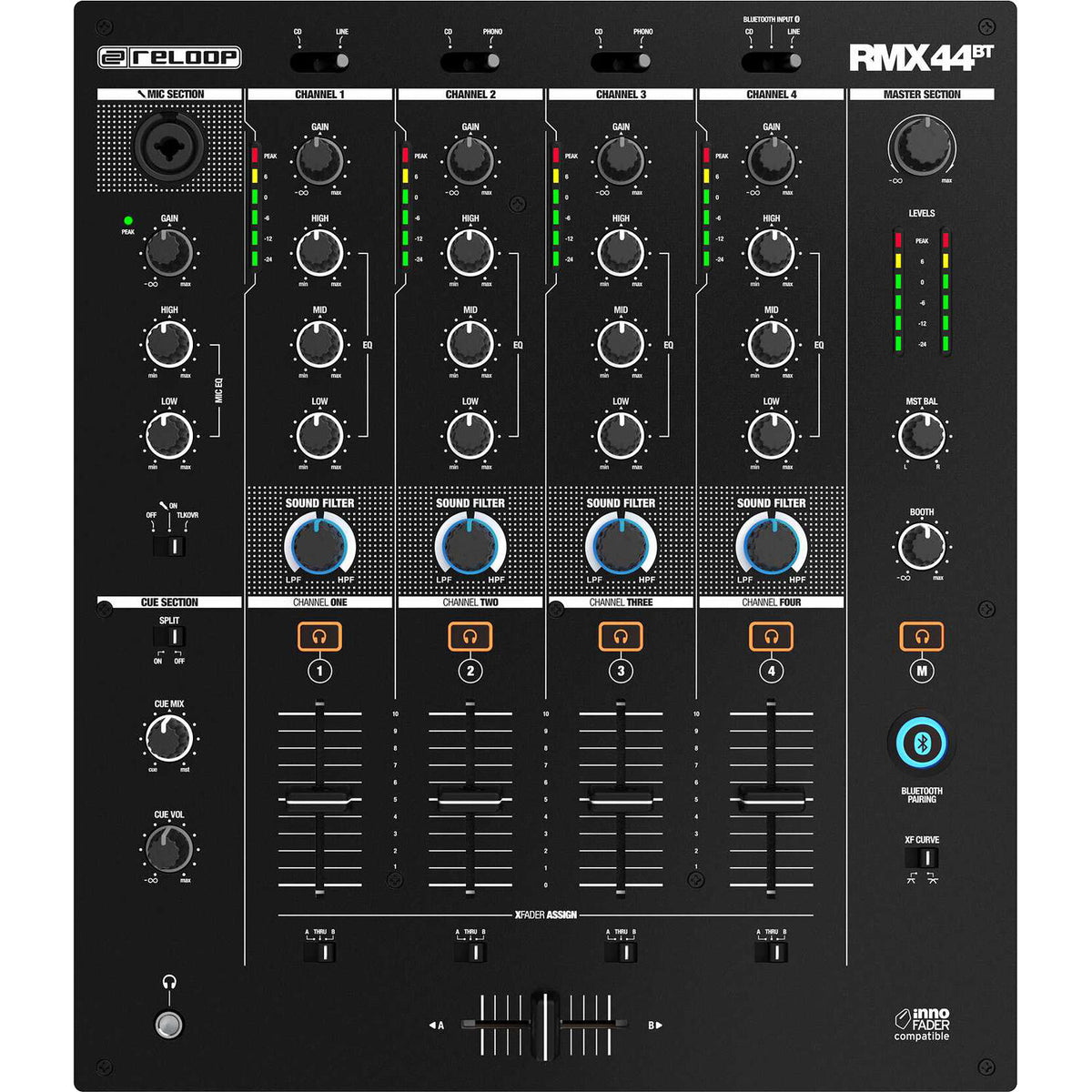 Reloop RMX-44 BT DJ mixer with four channels and Bluetooth connectivity, featuring sturdy knobs and a sleek design.