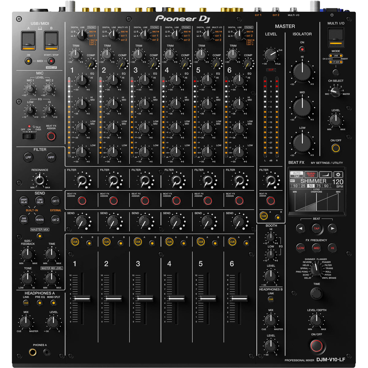Pioneer DJ DJM-V10-LF professional DJ mixer with multiple channels, digital displays, and sleek black design.
