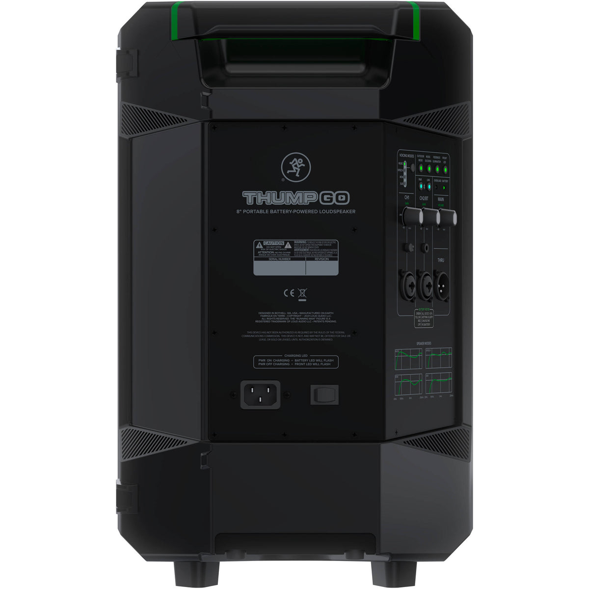 Mackie Thump GO portable PA speaker with carrying handle and control panel, designed for music and sound reinforcement.