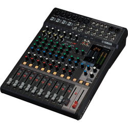 Yamaha MG12X analog mixer with multiple channels and control knobs on a sleek black surface.
