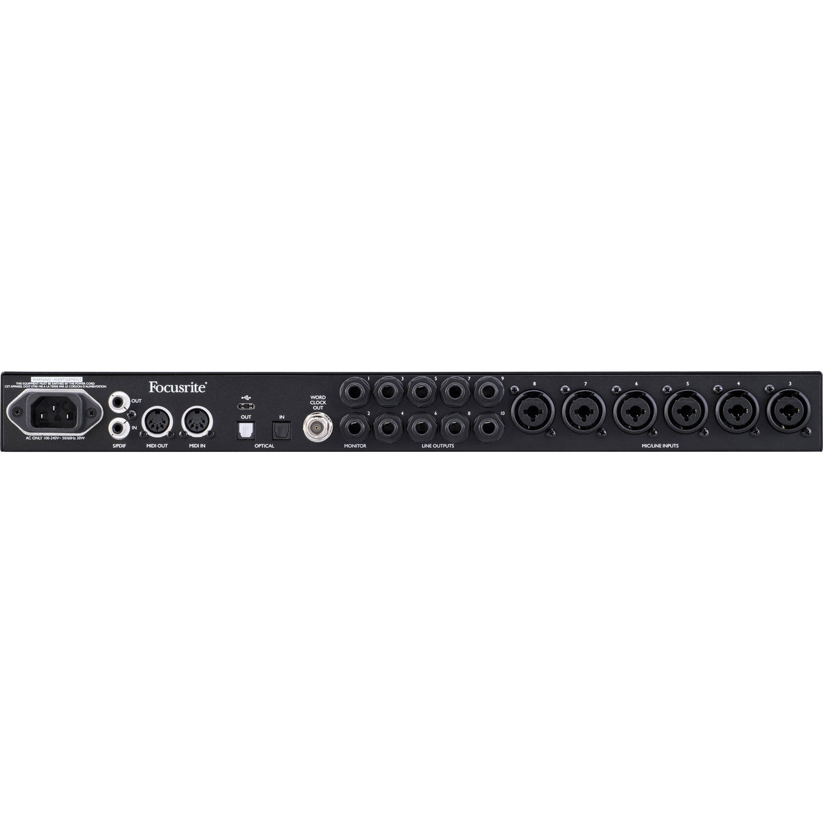 Focusrite Clarett+ 8Pre audio interface with multiple input/output ports and sleek black design, ideal for professional music production.