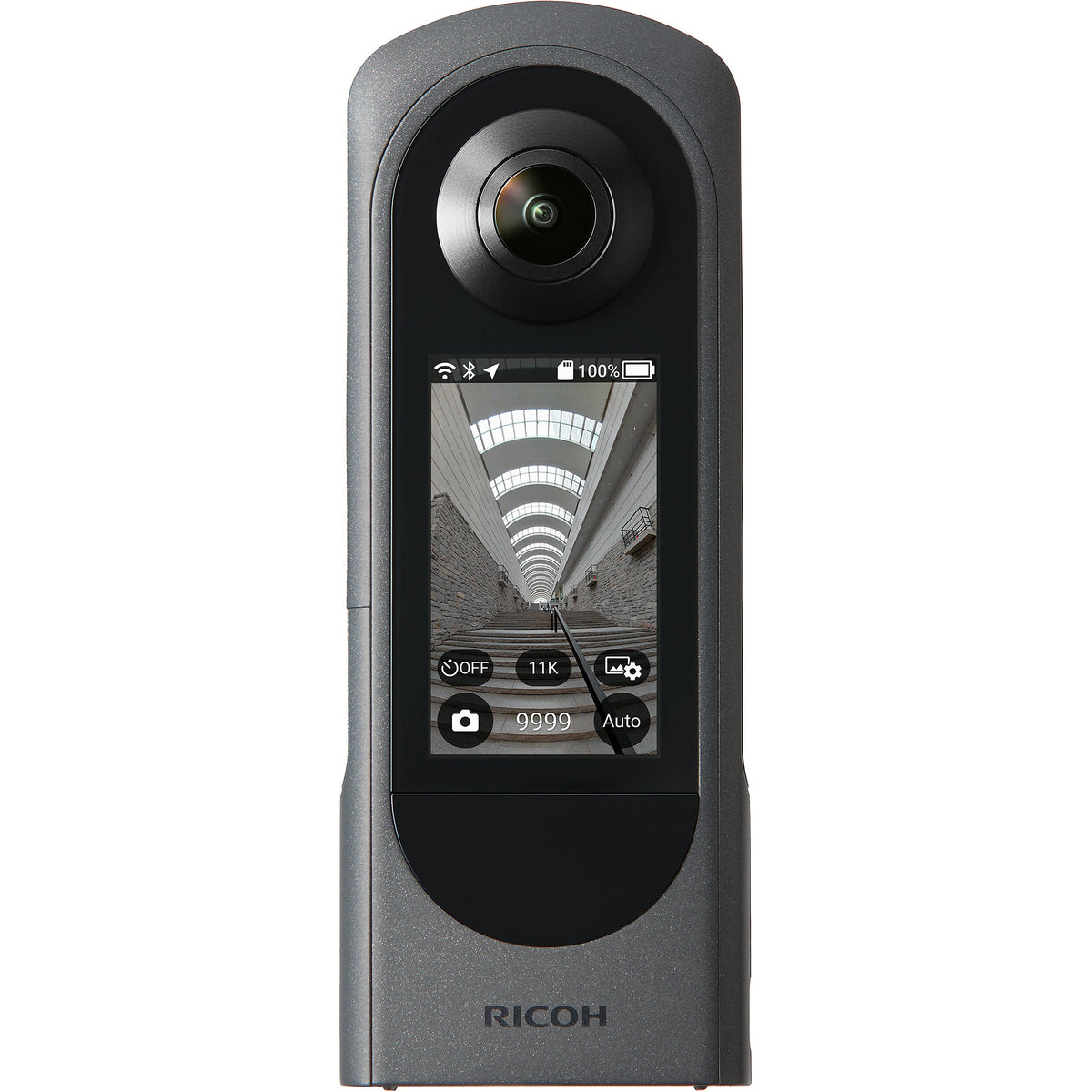 Ricoh Theta X 360-degree video camera with lens and controls, designed for capturing immersive 3D videos and images.