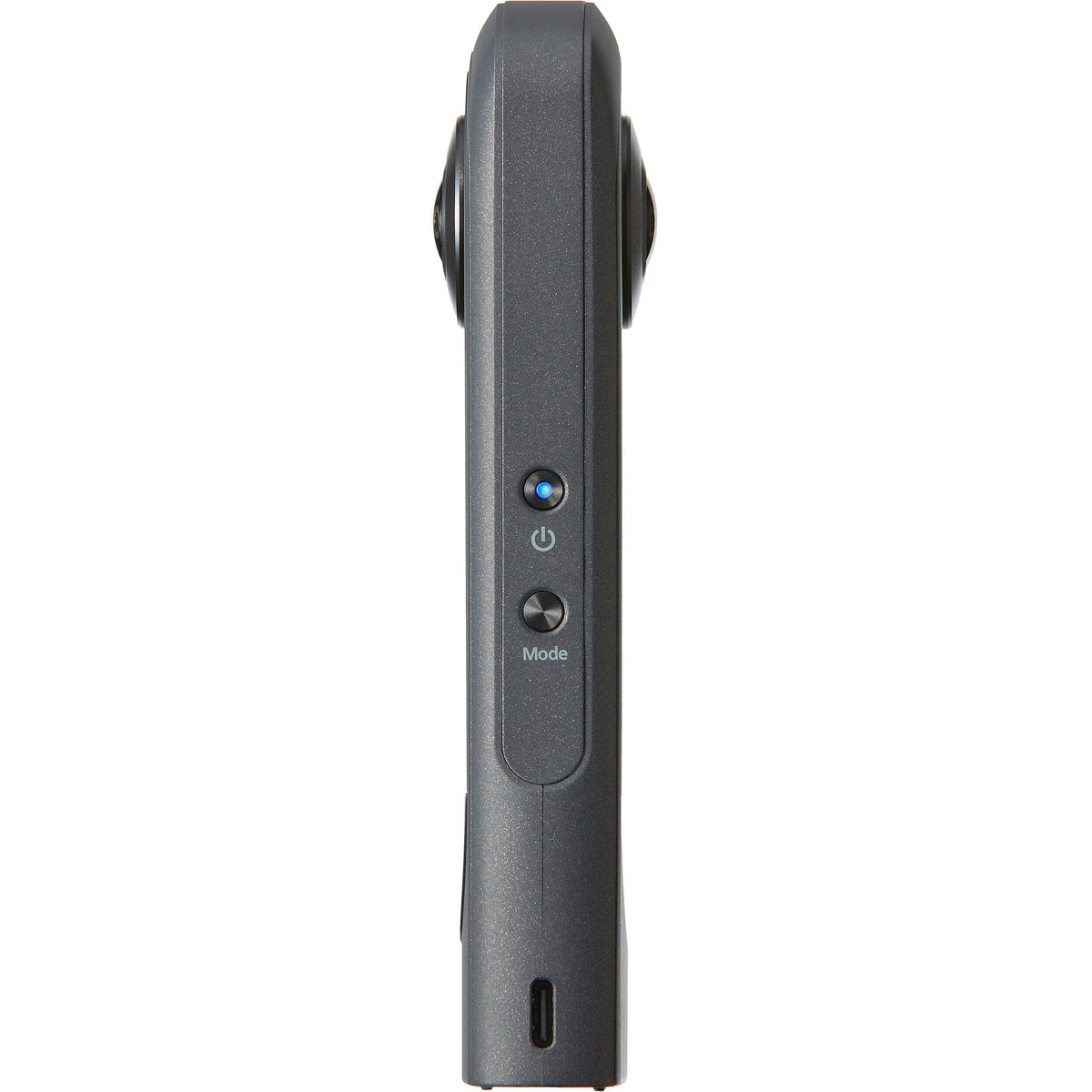 Ricoh Theta X 360-degree video camera with front view showcasing lens and compact design for immersive video recording.