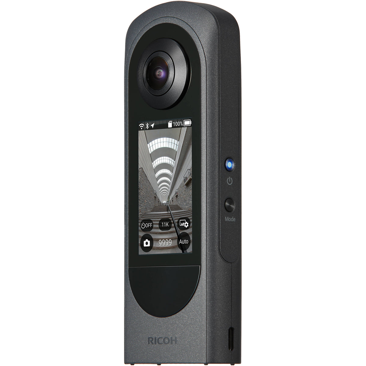 Ricoh Theta X 360-degree video camera with dual lenses and compact design, ideal for immersive 3D video recording.