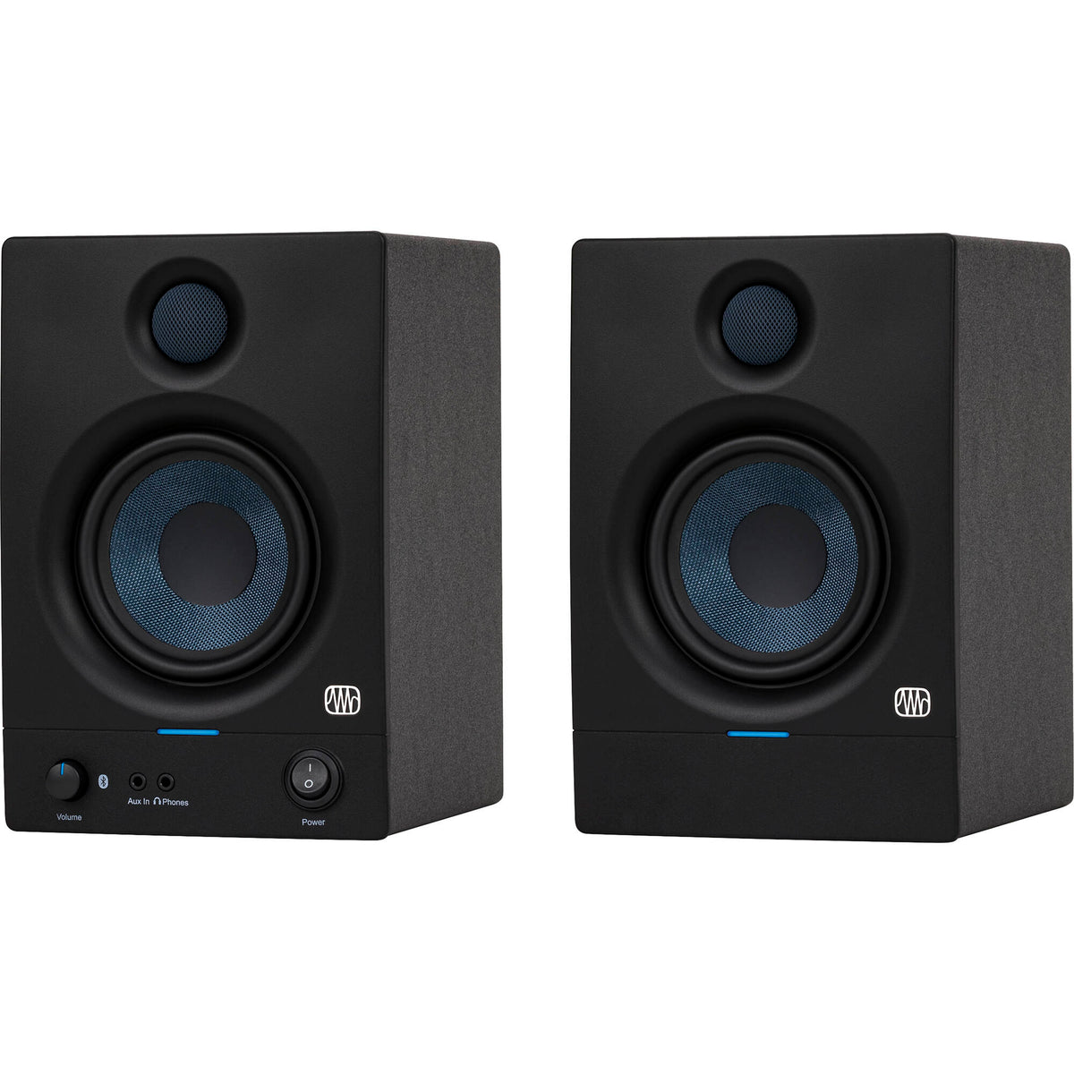 Presonus Eris 4.5 BT second-generation desktop speakers with black finish and control knobs, designed for studio and home use.