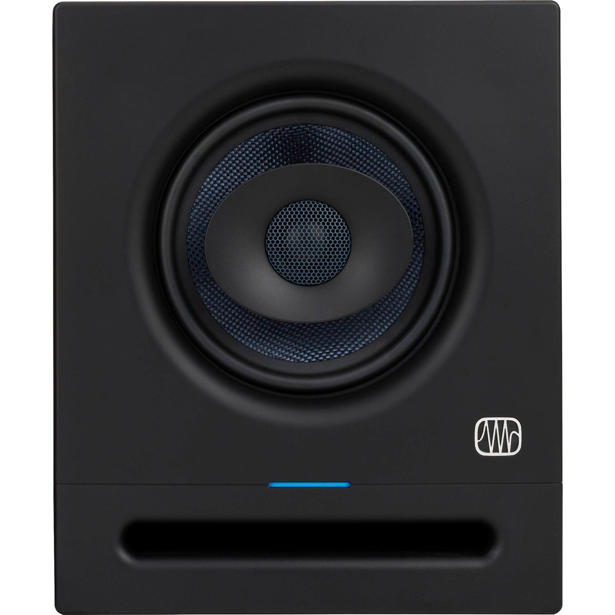 Presonus Eris Pro 6 active nearfield monitors shown with black finish and front speaker grille, ideal for studio audio setup.