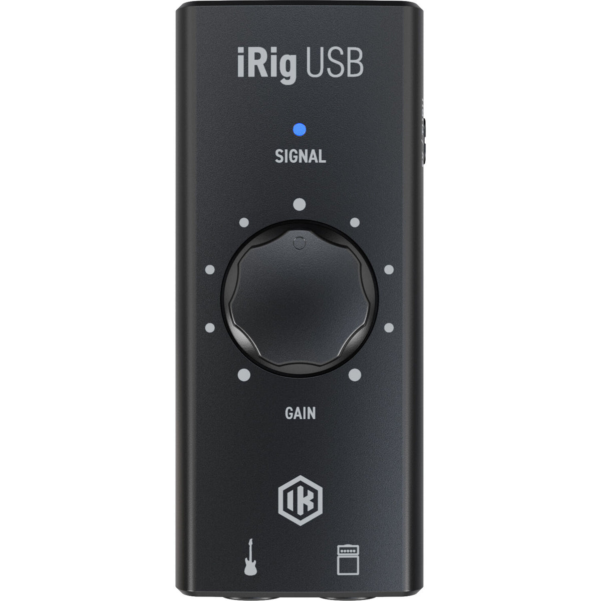 IK Multimedia iRig USB audio interface with input and output ports, compact design for mobile recording and sound setup.