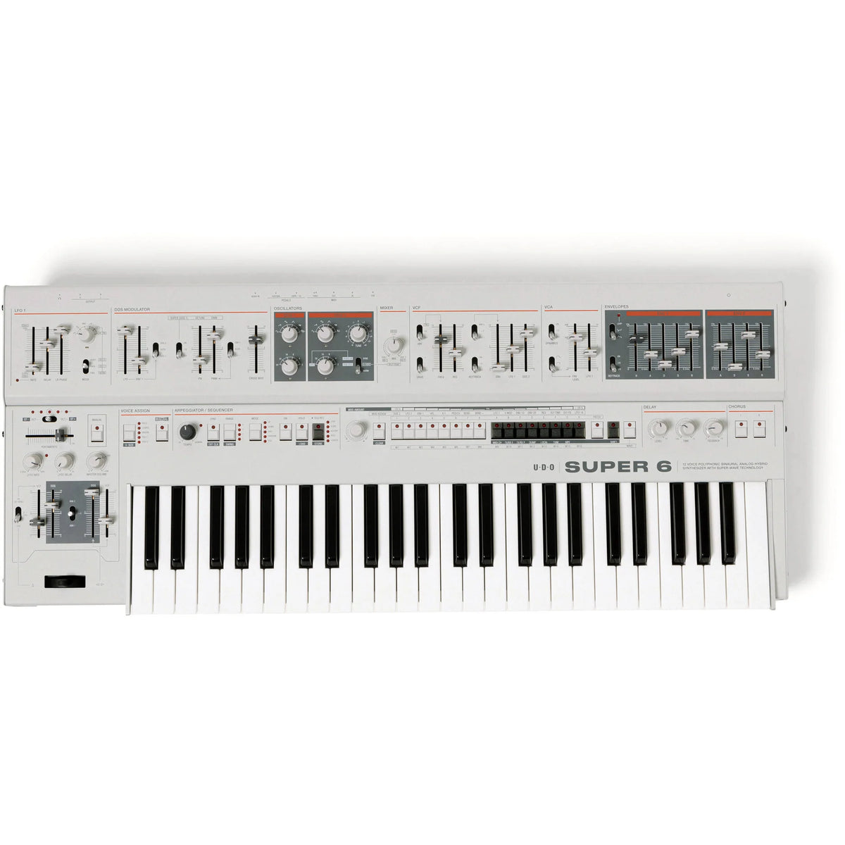 UDU Audio Super 6 synthesizer keyboard with black and silver design, featuring multiple knobs and controls on a sleek surface.
