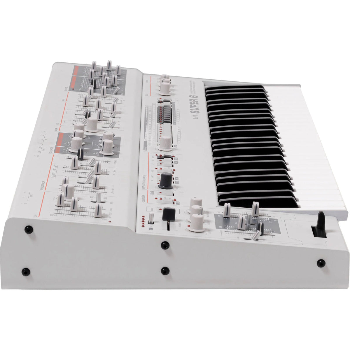 UDO Audio Super 6 synthesizer keyboard with multiple knobs and keys, showcasing its modern design and control interface.