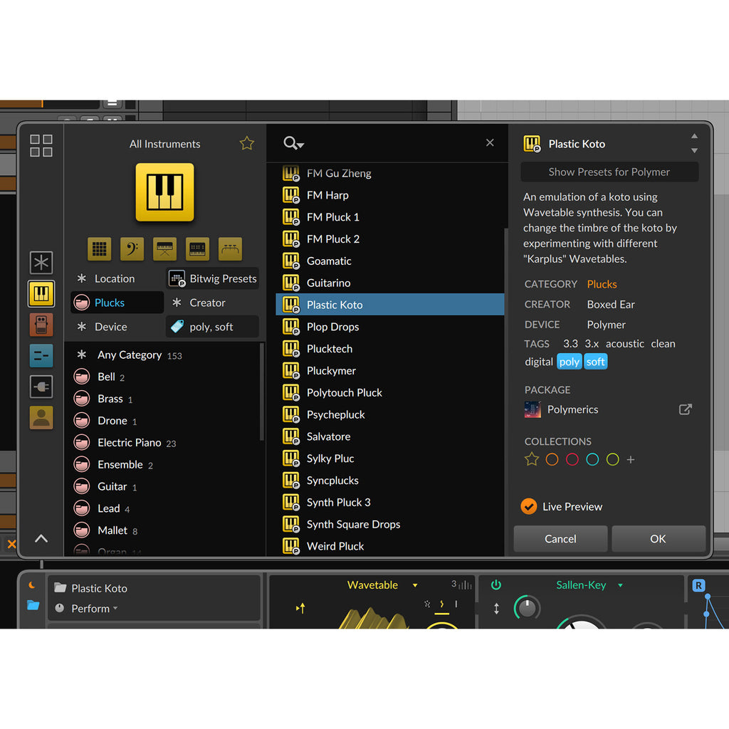 Bitwig Studio 5 music production software interface with digital audio workstation features and colorful control panels.