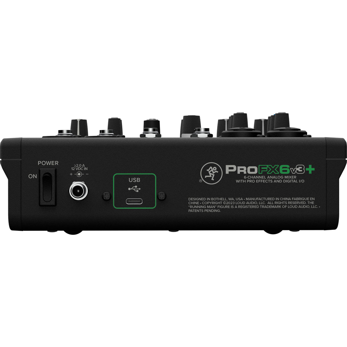 Mackie ProFX6v3+ analog mixer with multiple input channels, knobs, and controls for professional audio mixing.
