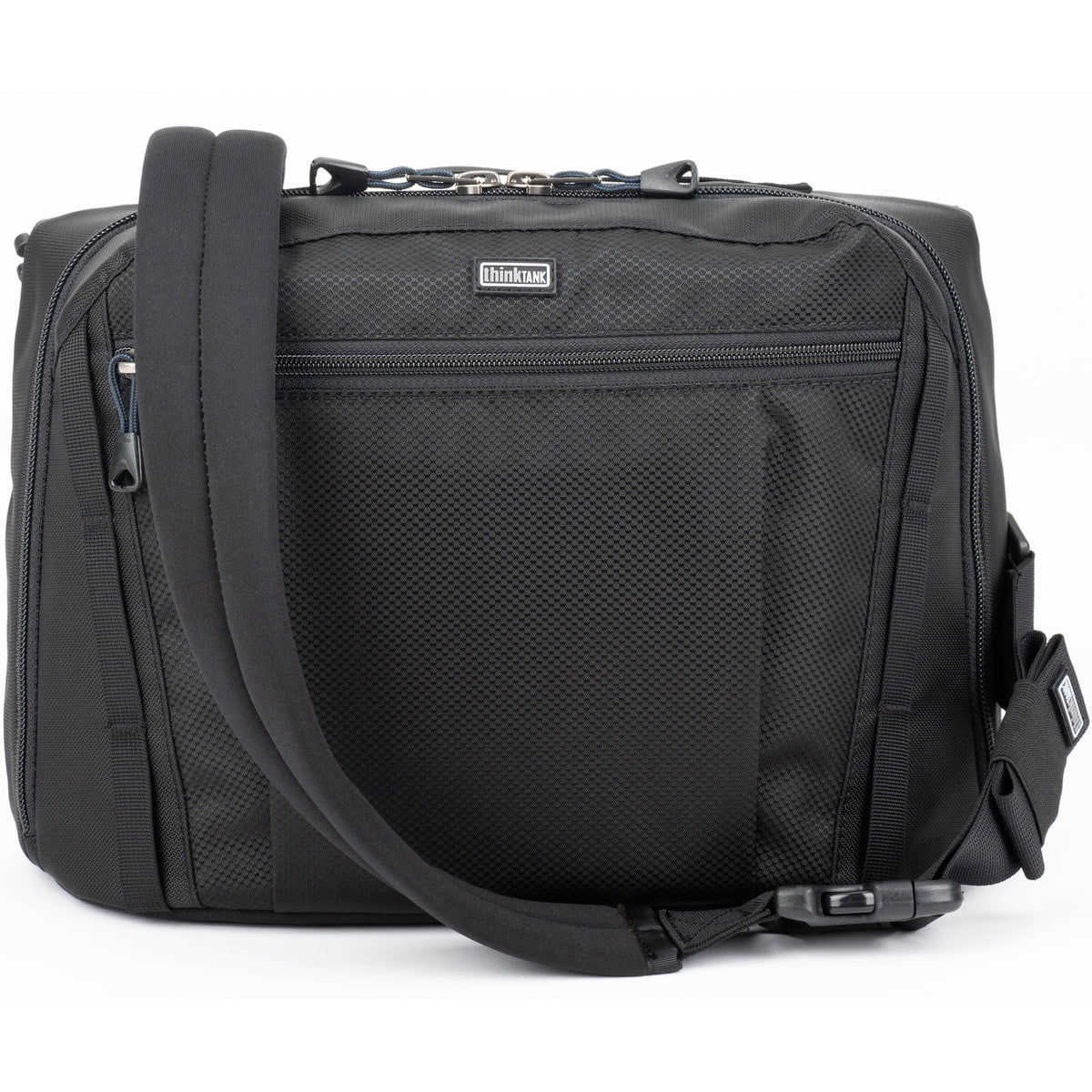 Think Tank PressPass video equipment bag with padded compartments and adjustable straps for professional camera gear storage.