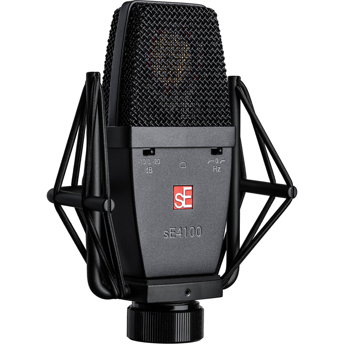 sE Electronics sE4100 condenser microphone with silver finish, detailed metal grille and professional studio design.