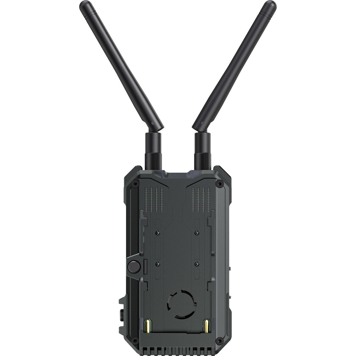 Hollyland Pyro H wireless video receiver connected to a camera setup, compact device with display screen and control buttons.
