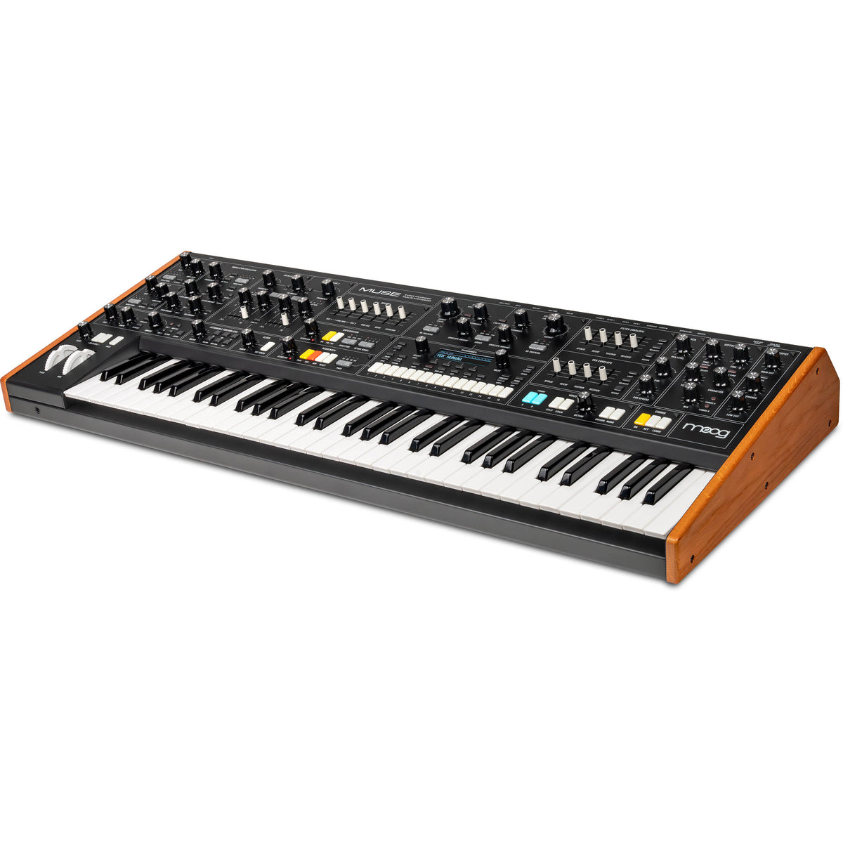 Moog Muse synthesizer with knobs and keyboard, showcasing its sleek design and control panel.