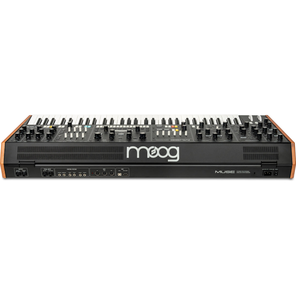 Moog Muse synthesizer with control knobs, patch cables, and keyboard layout, showcasing Moog's classic electronic instrument design.