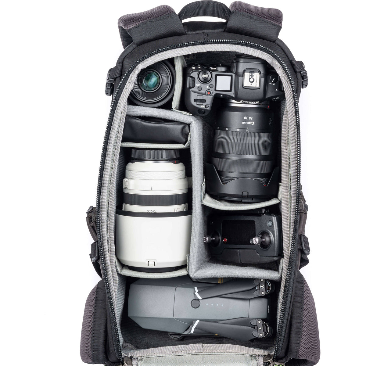 Think Tank Mindshift BackLight video equipment bag with padded compartments and adjustable straps for photography gear.