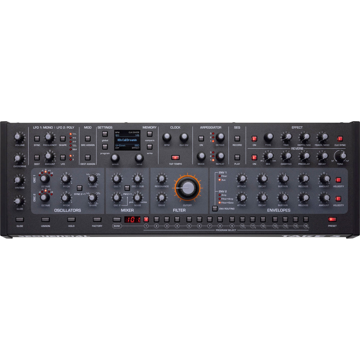 Sequential Take 5 desktop synthesizer shown with control knobs, keyboard, and display screen on a sleek black surface.