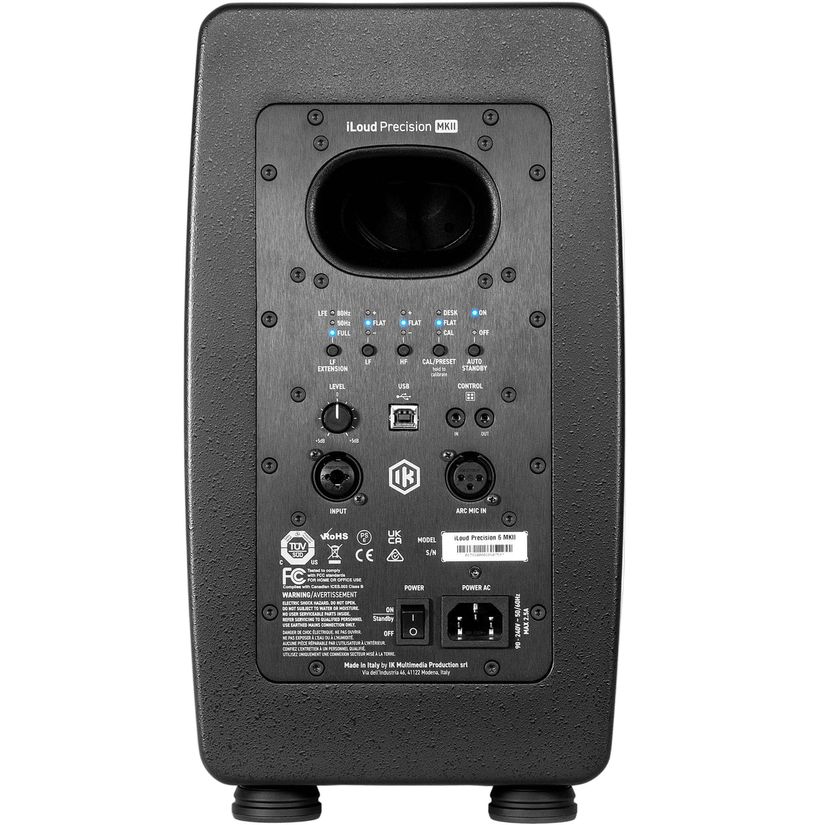 IK Multimedia iLoud Precision 6 MK2 active nearfield monitors showing black speaker cabinets with control panels and brand logo.