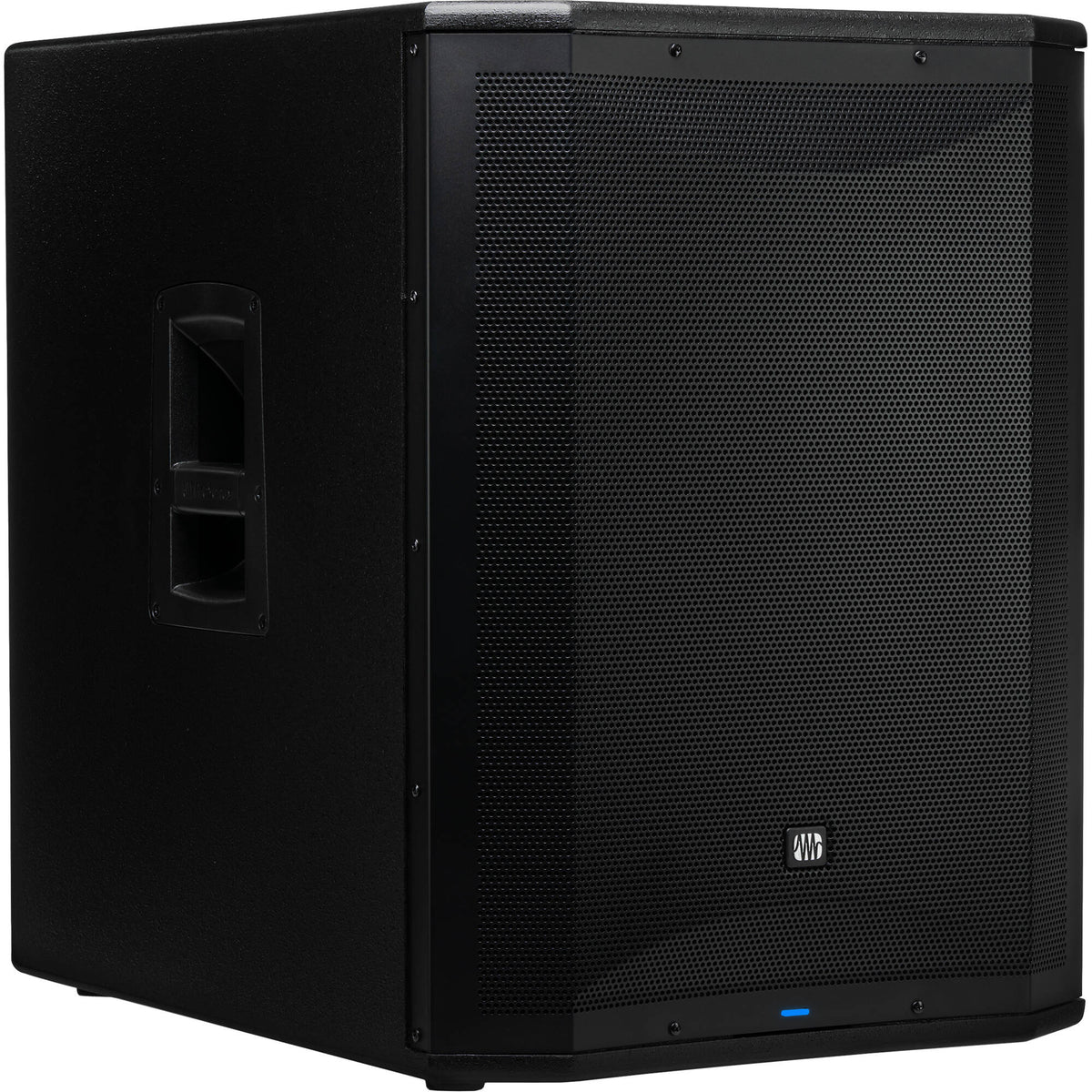 Presonus Air XD Sub 18 active subwoofer with large speaker cone and control panel, designed for powerful bass in audio setups.