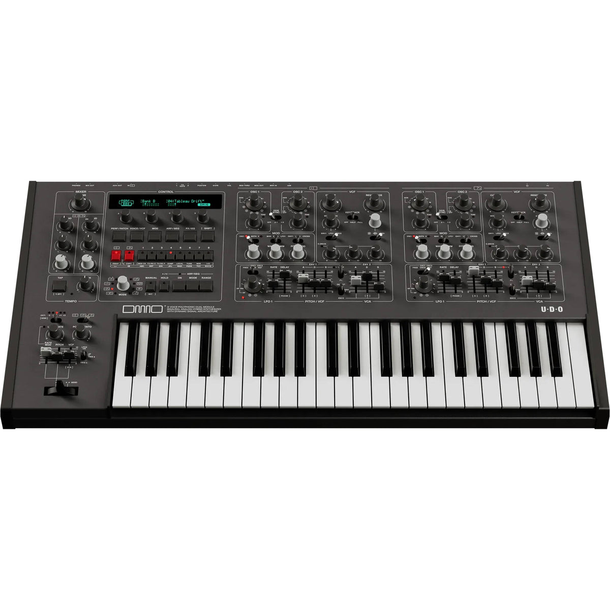 UDO Audio DMNO keyboard synthesizer with black keys and control knobs, shown from a front angle.