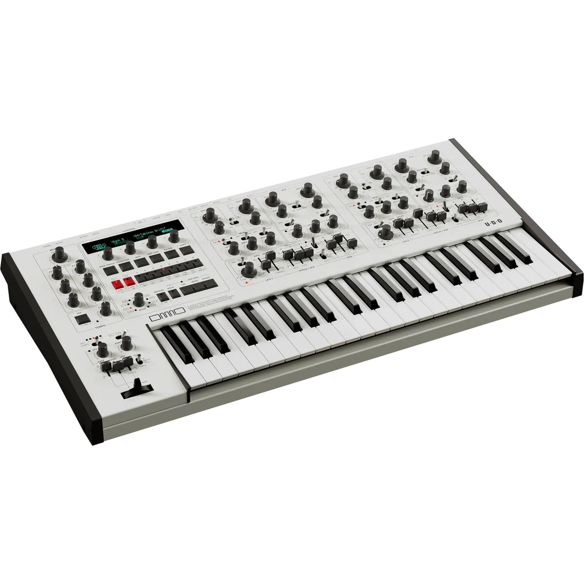 UDO Audio DMNO keyboard synthesizer with compact design, featuring various knobs and keys for versatile sound creation.