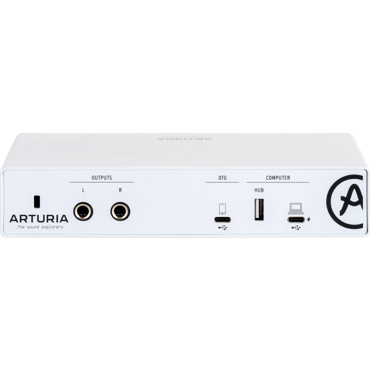 Arturia Minifuse 2 OTG audio interface with USB-C connection, compact design, and input/output ports for music recording and production.