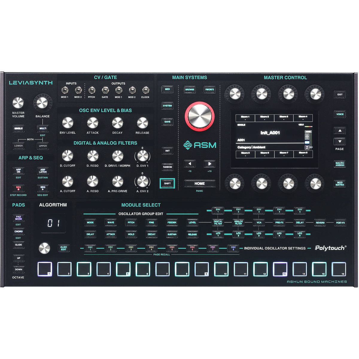ASM Leviasynth desktop synthesizer with knobs and control panel, compact electronic music instrument for sound creation.