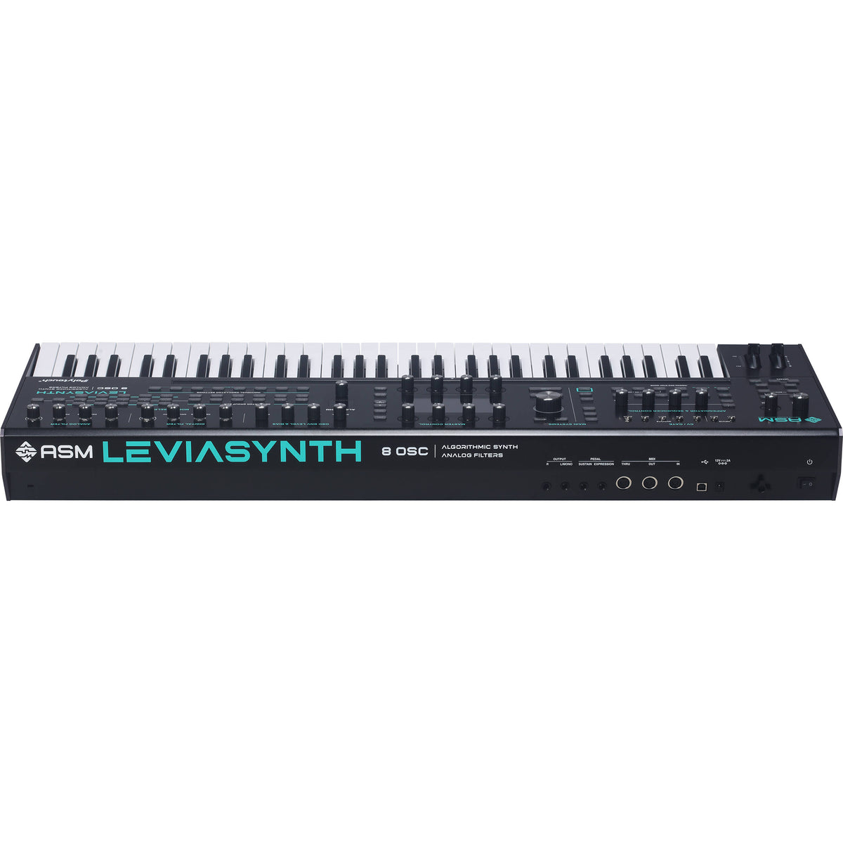 ASM Leviasynth keyboard synthesizer with black keys and control knobs, showcasing its modern electronic musical instrument design.
