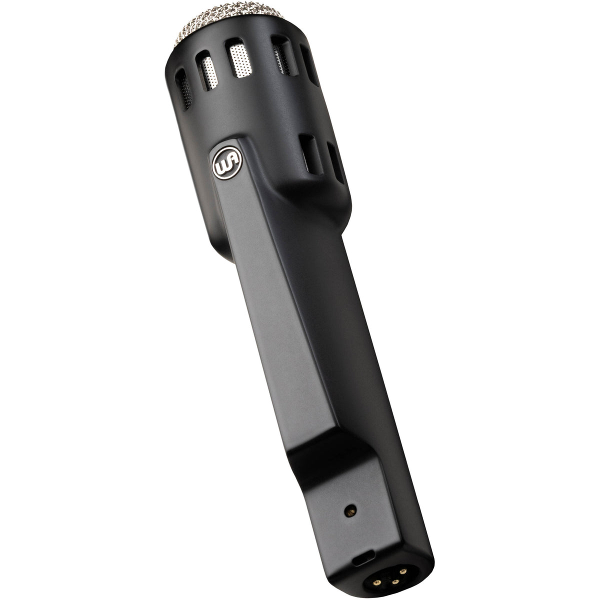 Warm Audio Retro 64 dynamic microphone shown in black with built-in stand mount for studio recording and live performance.