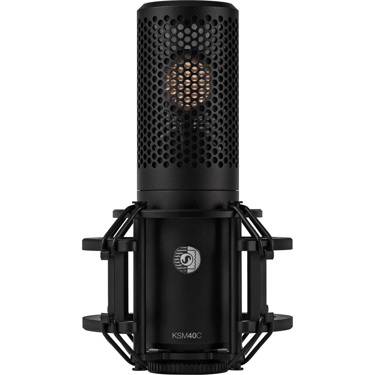 Shure KSM40C condenser microphone with a sturdy metal body and professional microphone capsule for studio recording.