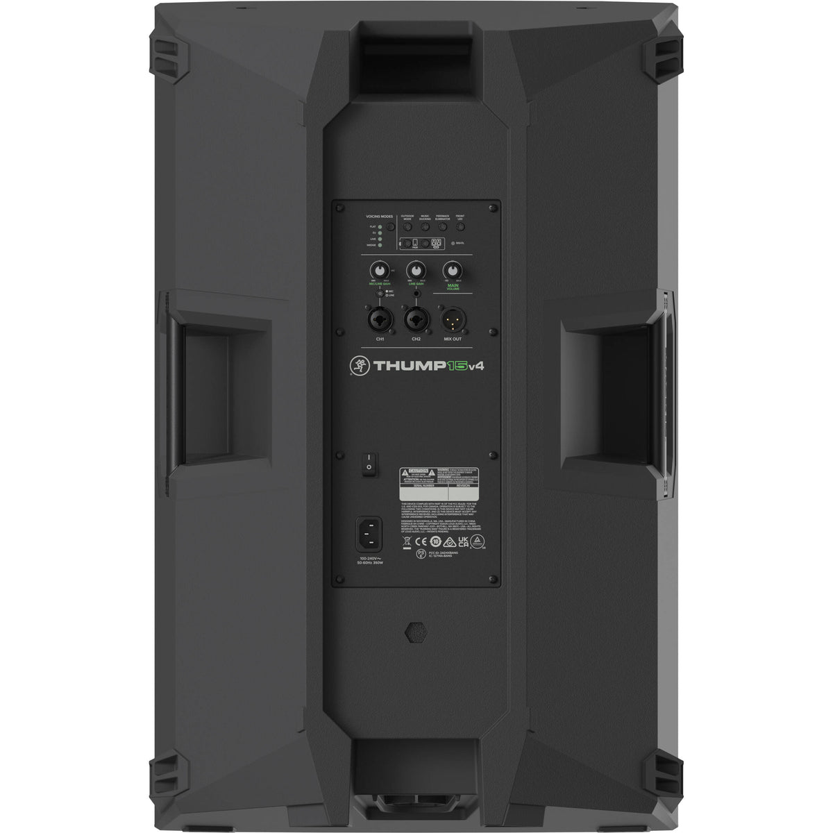 Mackie Thump15v4 active loudspeaker with black enclosure, grille, and control panel, designed for powerful sound reinforcement.
