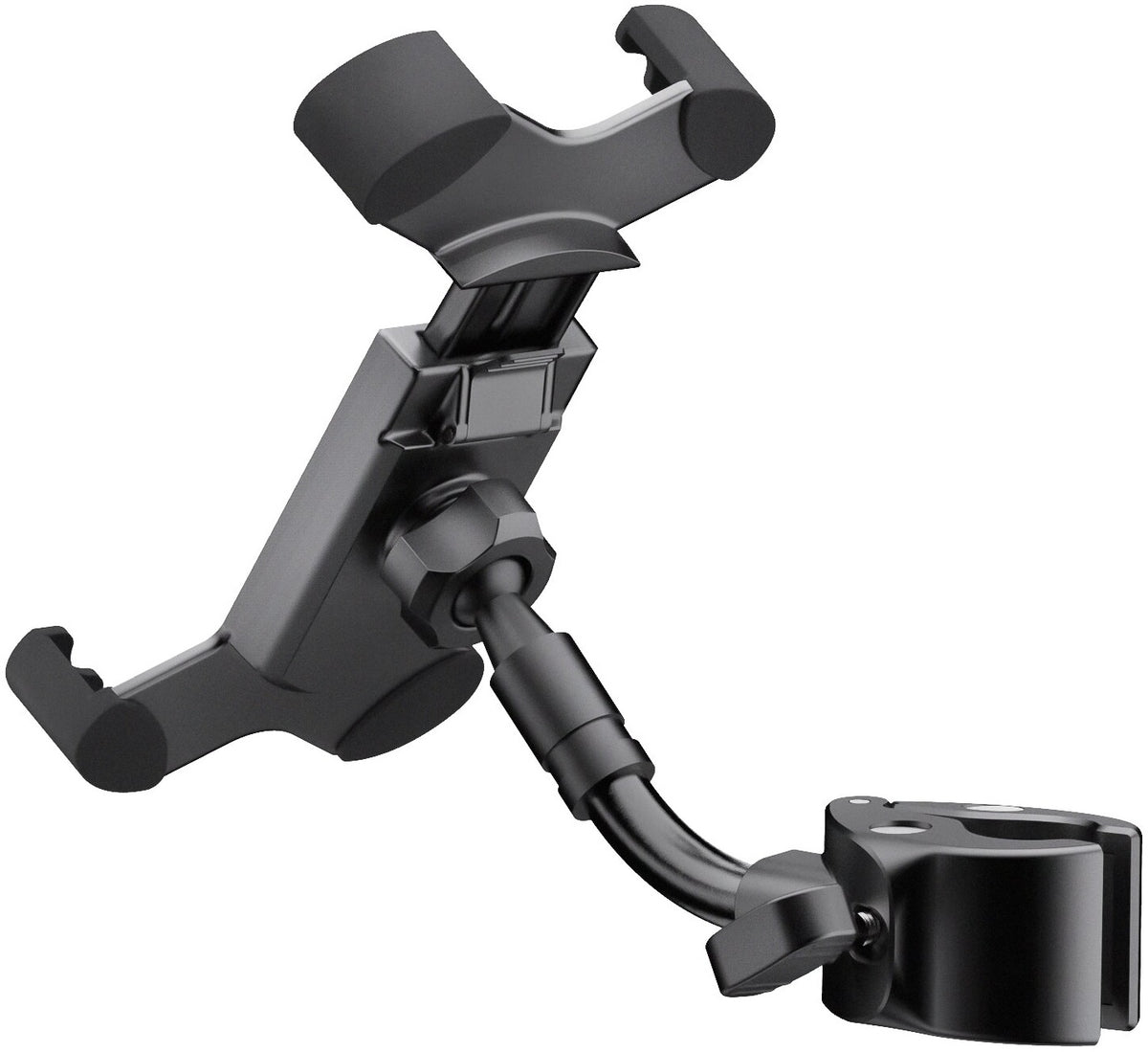 K&M 19755 smartphone holder attached to a microphone stand, adjustable clamp for multimedia and audio recording setups.